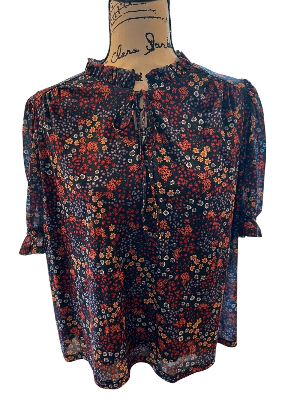 Draper James Navy Floral Ruffle Tie-Front Blouse